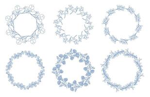Mediterranean blue branches circle frame set. vector
