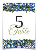 Wedding table number card template with blue tiles and olive branches. Decorative postcard for Mediterranean party. Numbering label for table setting with greenery and azulejo. illustration. vector