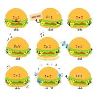 Collection of nine adorable cartoon Burgers with various expressions and engaging actions, perfect for playful designs. vector