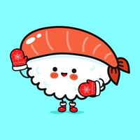 A cheerful Sushi character in mittens and boots, ready to celebrate the winter holidays in style. vector