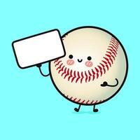 A friendly Baseball character cheerfully displays a blank sign, ideal for adding text against a bright blue background. vector