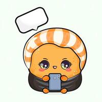 An adorable Sushi roll character, smiling, holding a smartphone with a blank speech bubble. vector