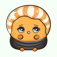 An adorable cartoon Sushi roll with big, watery eyes expressing sadness, rendered in a charming style. vector