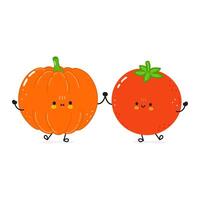 A charming cartoon of a friendly Pumpkin and Tomato character holding hands on white. vector