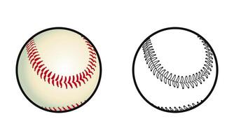 Two contrasting Baseball illustrations one with color and a black and white outline, side by side. vector