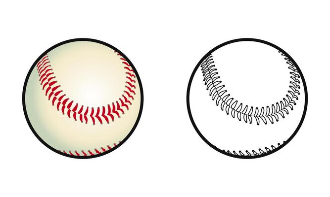 Two contrasting Baseball illustrations one with color and a black and white outline, side by side.