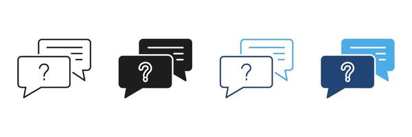 Question And Answer Speech Bubbles Icon Set. Communication, Inquiry, And Customer Support Outline And Silhouette Symbol Collection. Chat And Help Center Representation. Isolated Illustration vector