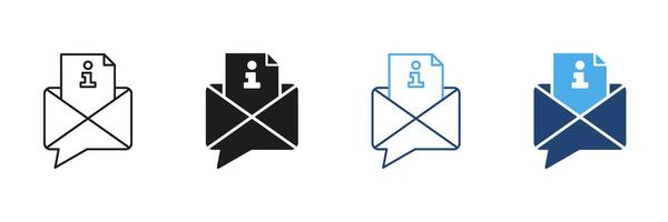 Envelope With Information Document Icon Set. Email Communication, Information Sharing, And Messaging Outline And Silhouette Symbol Collection. Digital Correspondence. Isolated Illustration vector