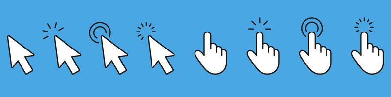 Cursor Pointer And Click Solid Icon Set. Hand And Arrow Interaction Silhouette Symbol Collection. Isolated Illustration vector
