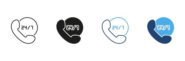 24 7 Customer Support Phone Icon Set. Round-The-Clock Service Availability And Helpline Assistance Outline And Silhouette Symbol Collection. Communication And Support. Isolated Illustration vector