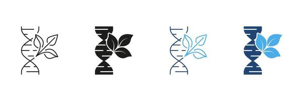 DNA Helix With Leaf Line and Silhouette Icon Set. Genetic Modification In Plants Science And Biology. Biotechnology And Genetic Engineering. Isolated Illustration vector