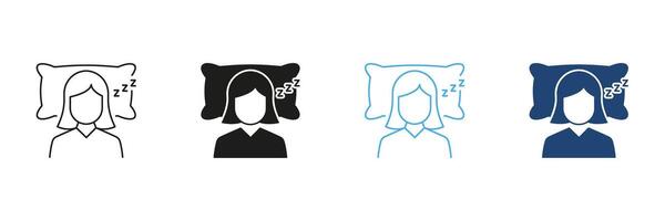 Woman Sleeping on Pillow Line and Silhouette Icon Set with ZZZ Symbol, Sleep or Rest and Bedtime Routine. Editable Stroke. Isolated Illustration vector