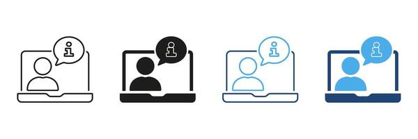 Online Consultation And Information Support Icon Set. Virtual Assistance And Customer Service Outline And Silhouette Symbol Collection. Digital Communication. Isolated Illustration vector