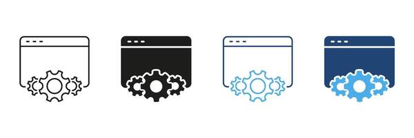 Web Browser With Gear Icon Set. Website Configuration And Optimization Outline And Silhouette Symbol Collection. Web Development And Maintenance Tools. Isolated Illustration vector