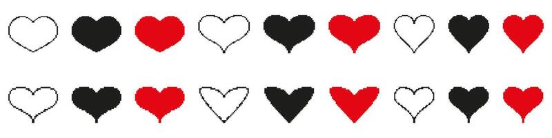 Heart Shapes Pixelated Icon Set. Pixel Art Symbol Collection Of Red And Black Heart Designs. Isolated Illustration vector