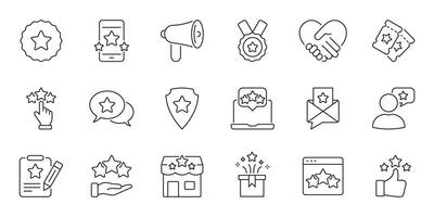 Customer Feedback And Rating Icons Set. User Reviews, Quality Assurance, And Satisfaction Outline Symbol Collection. Business And Marketing Evaluation. Editable Stroke. Isolated Illustration vector