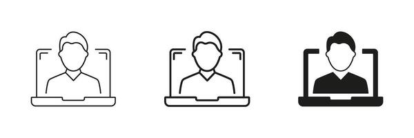Man Line and Silhouette Icon Set on Laptop Screen. Online Communication or Call Icon. Online Conference or Remote Communication. Editable Stroke. Isolated Illustration vector