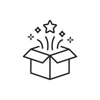 Open Box With Star And Sparkles Line Icon. Surprise, Creativity, And Innovation Outline Symbol. Unboxing Experience And Excitement. Editable Stroke. Isolated Illustration vector