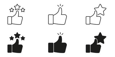 Thumbs Up With Stars Icon Set. Positive Feedback, Approval, And Rating Outline And Silhouette Symbol Collection. Customer Satisfaction And Quality Assurance. Isolated Illustration vector