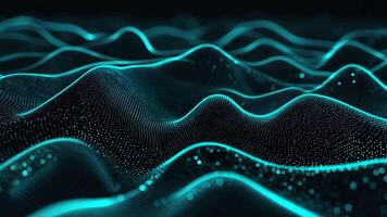 Abstract Glowing teal waves undulate with subtle depth. Particles create luminous, fluid formations on a dark backdrop video