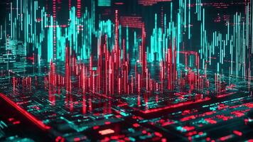 Abstract geometric cityscape with glowing red and blue bars over circuit board paths video