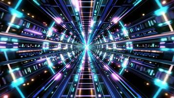 Futuristic tunnel view. Glowing neon lights form a geometric pattern receding into infinity video