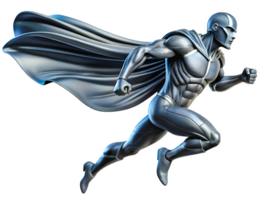 3D Metal Superhero Running with Cape in Dynamic Action Pose png