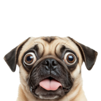 Close-up portrait of a pug with an expressive, surprised facial expression. png