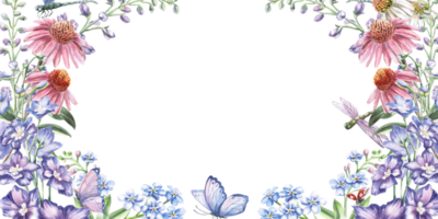 Rectangular frame with flowers of echinacea, delphinium, forget-me-not with dragonflies. Isolated watercolor illustration for design of postcards, printed products, calendars, cosmetics packaging. png
