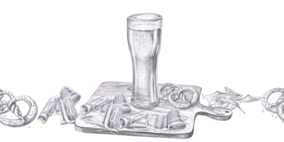 Seamless border with glass of beer, on cutting board and snack. Isolated pencil illustration in realistic style for pub design, menu design, poster printing png