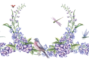 Seamless border with curved branches of delphinium and a bird. Isolated watercolor illustration of bouquets for design of packaging of cosmetic products, sweets, printing on clothes png