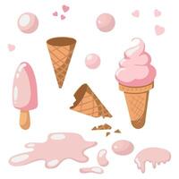 The food is pink ice cream, highlighted on a white background. A set of ice cream in a waffle cone with cartoon drawings. A delicious illustration. vector