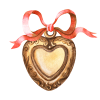 Heart locket pendant with red bow in vintage bronze style. Watercolor illustration of jewelry frame Symbol of love, passion and memory. Valentine's day, Mother's day decor, greeting card, sign. png