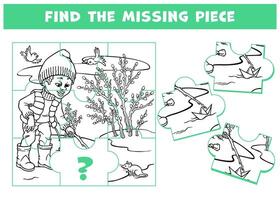 Logic game for children and adults with boy launching paper boat in stream. Page for kids brain teaser book. Task for attentiveness. Developing spatial thinking. Outline spring scenery vector