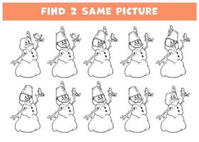 Black and white find two same spring melting snowman. Line matching activity for children. Signs of spring educational quiz worksheet or coloring page for kids for attention skills. Cartoon game vector