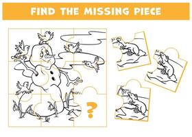 Find the missing puzzle piece. Educational game for kid with melting snowman, spring primroses and flying around birds. Choose correct element. Finish the picture. Attention task for school readiness vector