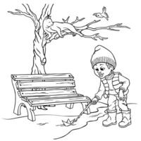 A boy with a branch in his hand launching a paper boat in a puddle or stream with melting snow against a wooden park bench under bare deciduous tree. Hand drawn outline illustration for coloring vector