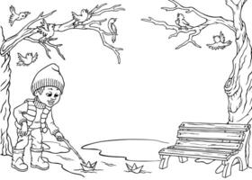 Spring frame with boy launching a paper boat in a puddle or stream of melting snow in a park or yard among trees. Hand-drawn graphics. Outline illustration with space for text for children book vector