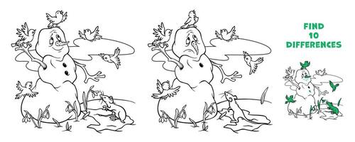 Spot 10 differences in spring scene with melting snowman rejoices at the arrival of spring and the primroses, together with birds flying and singing near him. Outline printable worksheet or coloring vector