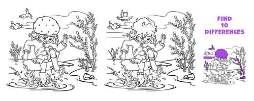 Matching game with child girl jumping, splashing and stomping joyfully in puddle after rain. Find the differences puzzle. Hand drawn outline educational scenery worksheet. Educational coloring page vector