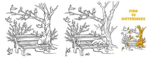 Find the differences quiz game. What has changed in the park scene. Puzzle Hidden Items. Educational game for children. Outline hand drawn illustration with cat sitting on a bench under leafless tree vector