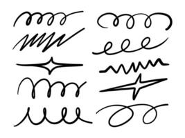 Bold Abstract Decorative Line Stroke. A dynamic set of 10 hand drawn black stroke elements including spirals, zigzags, waves, and flourishes in a bold abstract style, ideal for decorative accents vector