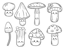 Whimsical Hand Drawn Kawaii Mushroom. A collection of 8 cute hand drawn mushroom illustrations in kawaii style. Features various expressions, and forms perfect for stickers, and botanical doodle art. vector