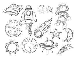 Whimsical Hand Drawn Space Line Art. A playful collection of 14 hand drawn space elements including planets, stars, rocket, astronaut, meteor, UFO, and celestial objects in cartoon line art vector
