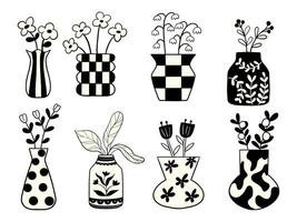 Modern Decorative Vase Illustration Set. A set of 8 hand drawn vases with flowers and leaves in bold style featuring stripes, checkerboards, polka dots, and botanical patterns for modern decor themes. vector