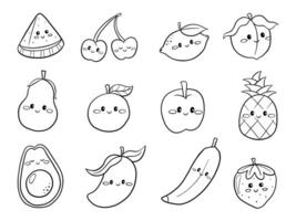 Cute Hand Drawn Kawaii Fruit Line Art. A cheerful collection of 12 cute hand drawn fruit illustrations in kawaii line art style featuring smiling faces, simple outlines, and playful expressions vector