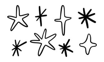 Whimsical Hand Drawn Star Outline. A collection of 8 whimsical hand drawn star and sparkle shapes with playful and minimalistic styles, perfect for modern and dreamy designs. vector
