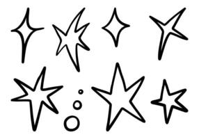 Hand Drawn Sparkle and Starburst Icon.A set of 8 abstract black line sparkles and stars including diamond glows, starbursts, twisted flares, and decorative dots in a playful hand drawn style vector