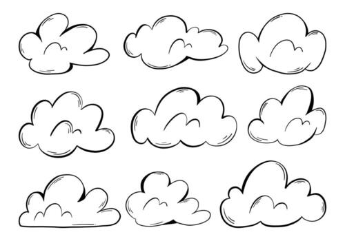 Whimsical Hand Drawn Cloud Outline. A charming set of 9 whimsical cloud elements in hand drawn line art style featuring rounded contours, playful puffy forms, and perfect for dreamy designs vector