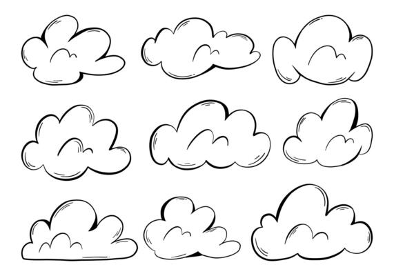 Whimsical Hand Drawn Cloud Outline. A charming set of 9 whimsical cloud elements in hand drawn line art style featuring rounded contours, playful puffy forms, and perfect for dreamy designs